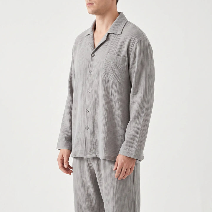 Stylish men's long sleeve pajama set, made for comfortable nightwear and everyday loungewear.