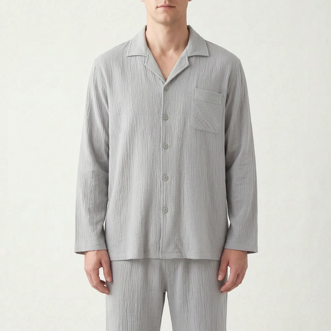 Men's relaxed fit long sleeve sleep set, ideal nightwear for lounging at home in ultimate comfort.