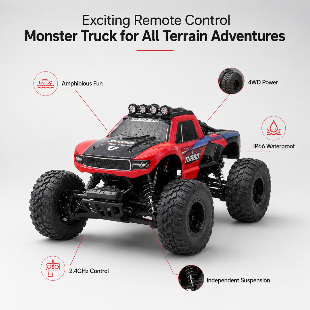 Red amphibious RC monster truck speeding through water & dirt. Kids' waterproof all-terrain remote control toy.
