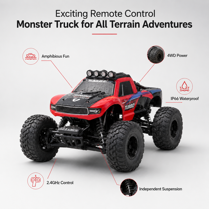 Red amphibious RC monster truck speeding through water & dirt. Kids' waterproof all-terrain remote control toy.