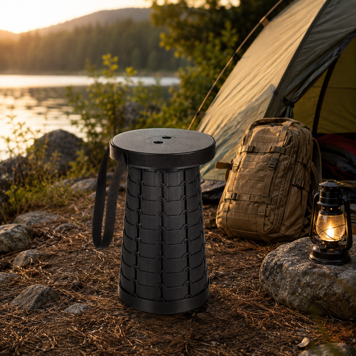 Compact retractable camping stool with adjustable height, ideal for portable outdoor seating & hiking.