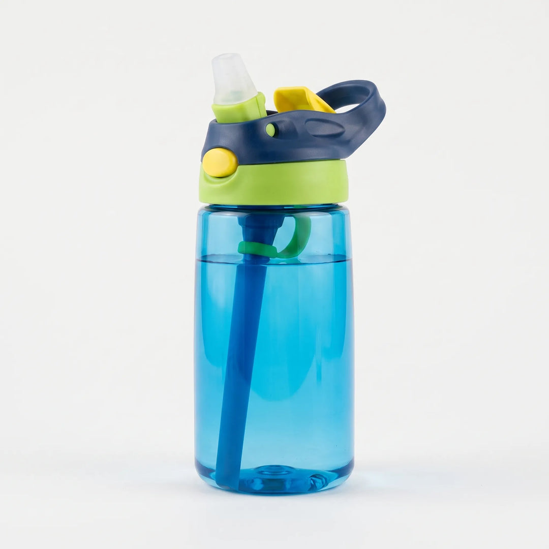 Kids leakproof push-button water bottle with straw, ideal for school, travel & daily hydration.