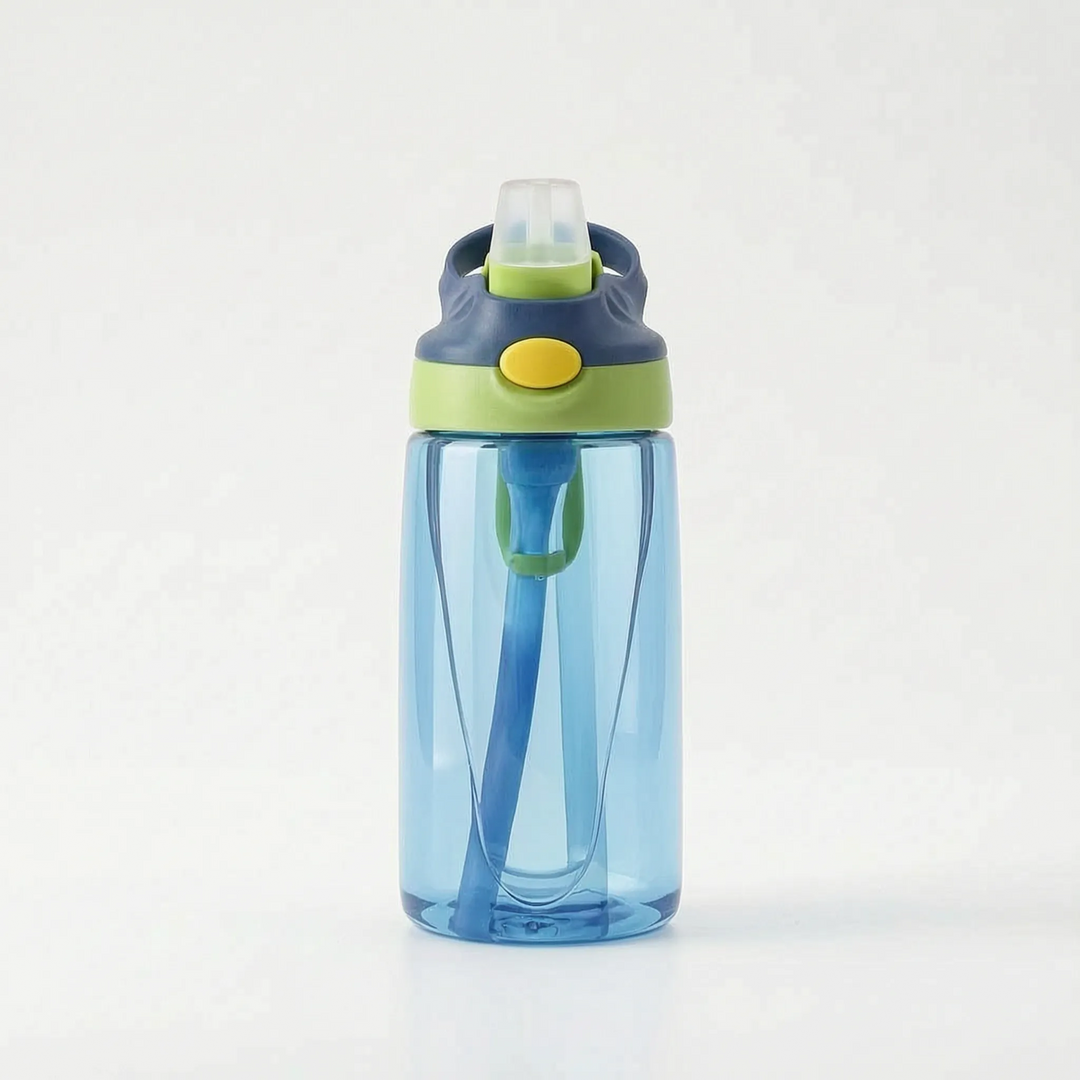 Durable leakproof straw bottle for active kids, push-button access & vibrant design for sports & play.