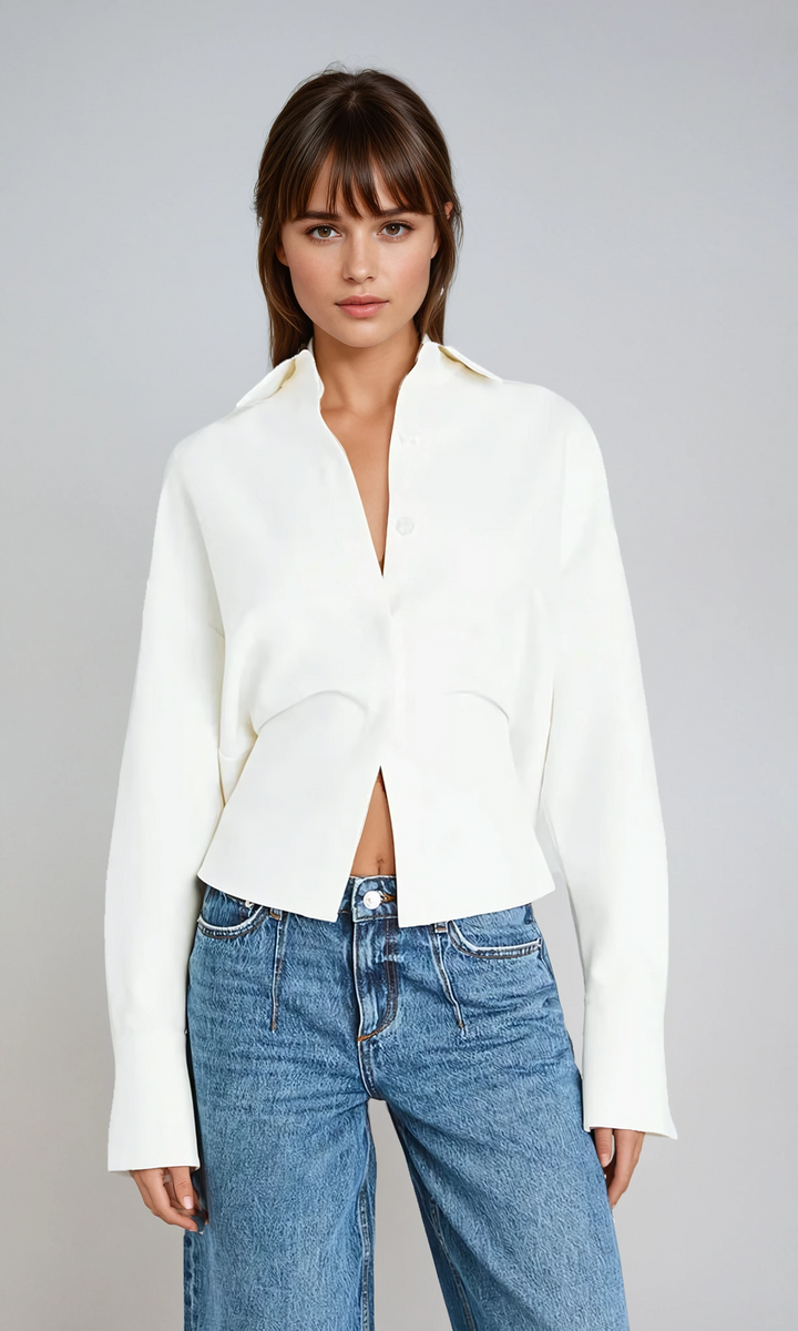Elegant women's white draped button-down shirt, perfect for office or casual chic. Long sleeve, versatile blouse.