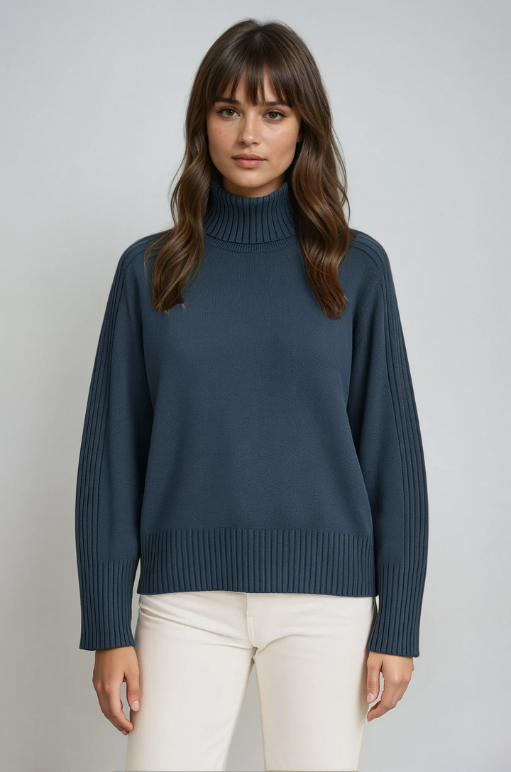 Women's ribbed mock neck sweater in a cozy knit. Perfect for casual everyday winter fashion & layering.