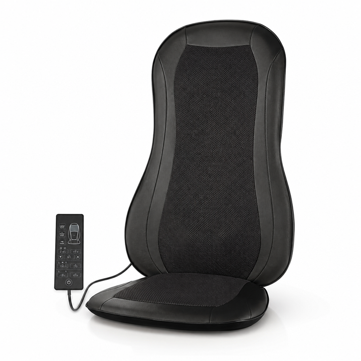 Ergonomic rolling massage seat cushion for back relief. Features heat therapy & vibration for office chairs.