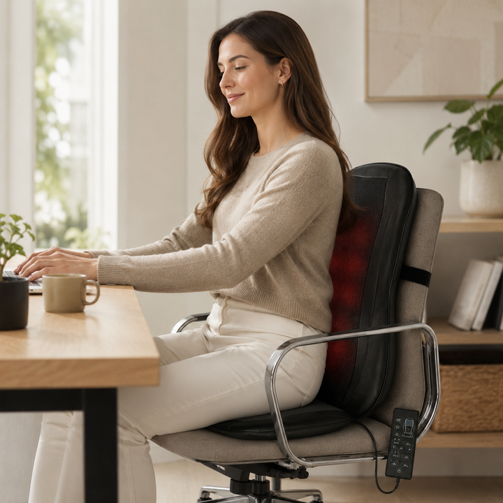 Rolling massage seat pad with heat therapy provides targeted back relief for office or home relaxation.