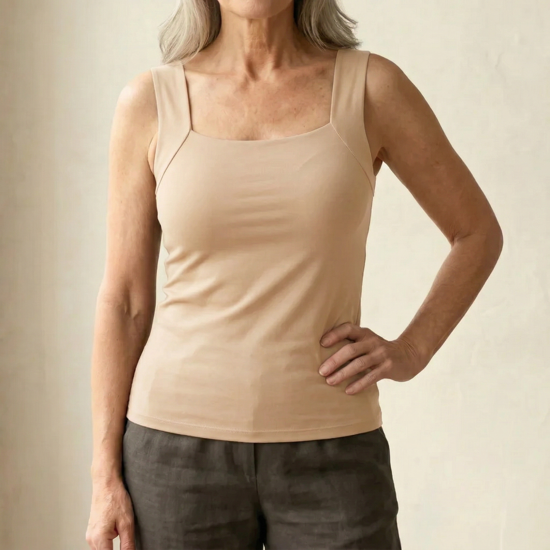 Essential women's built-in bra tank top, a perfect layering piece for versatile outfits.