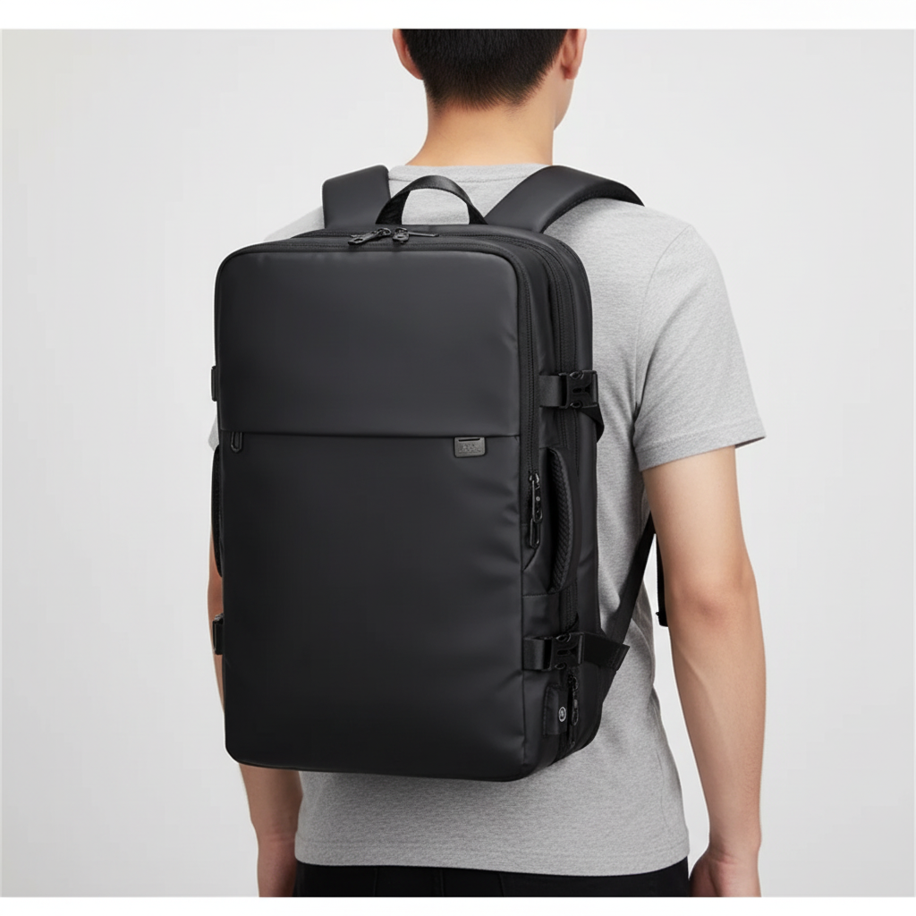 Graphite expandable laptop backpack, carry-on size, perfect for school, business travel, & daily use.