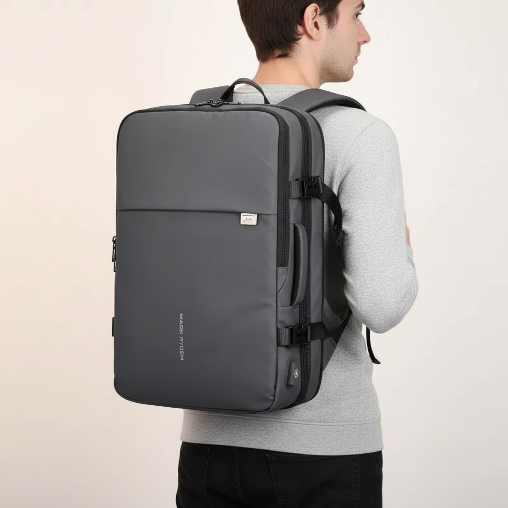 Unisex water-resistant expandable backpack for laptops, perfect for students, professionals, and travelers.