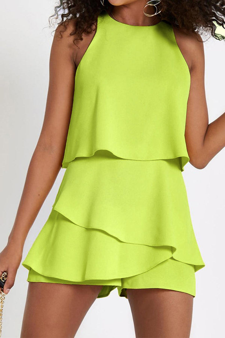 Versatile women's ruffled sleeveless romper, a chic one-piece perfect for casual summer fashion trends.