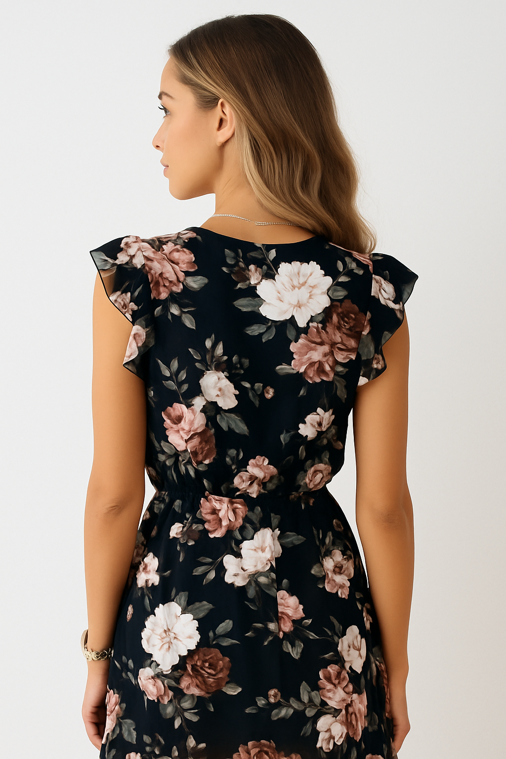 Stylish women's midi dress featuring a vibrant floral print and delicate ruffles. Perfect for any elegant occasion.