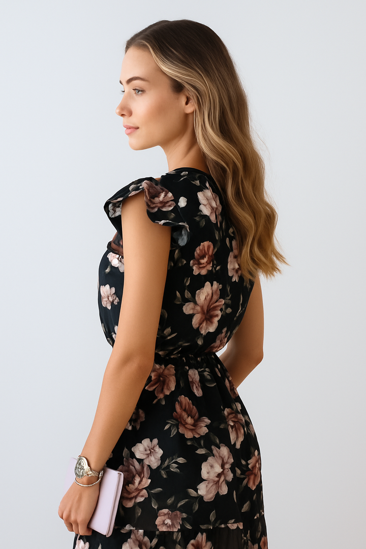 Comfortable women's floral ruffled midi dress, ideal for work, parties, or everyday elegant fashion. Flattering style.
