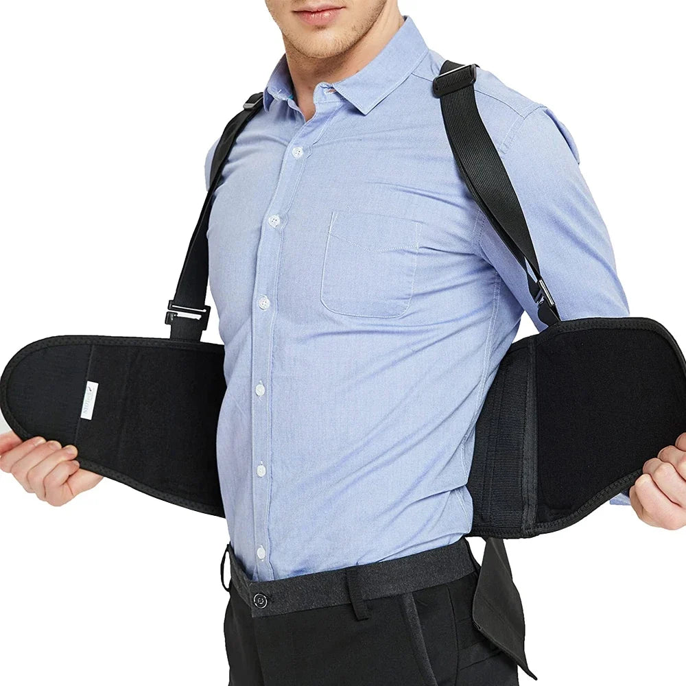 Durable unisex lifting belt with shoulder straps, offering robust back & lumbar support for heavy loads in warehouse or gym.