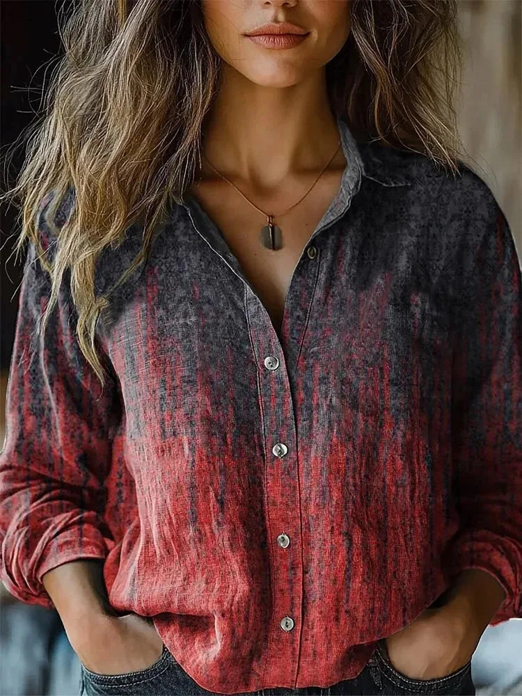 Casual women's boho print long sleeve button-up blouse, a stylish bohemian top for ladies.