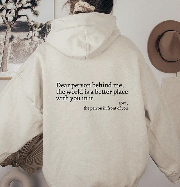 Comfort fit women's graphic hoodie, "Happy Thoughts" design, perfect for daily wear.