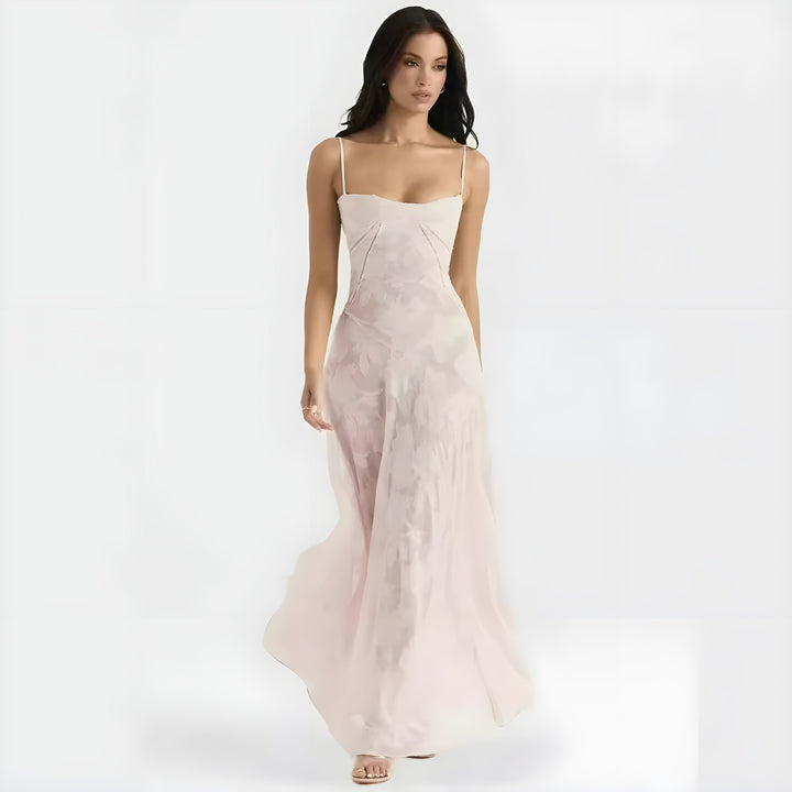 Summer floral A-line maxi dress with elegant design, suitable for wedding guests.