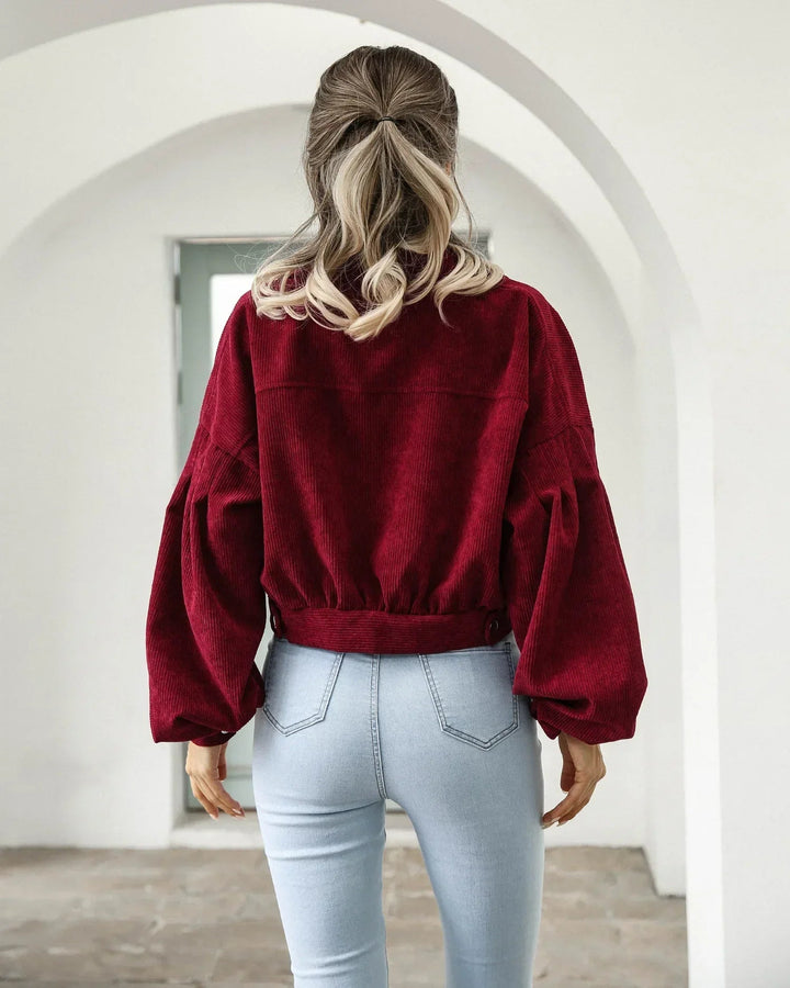 Trendy women's cropped corduroy jacket, a relaxed fit bomber perfect for fall layering.