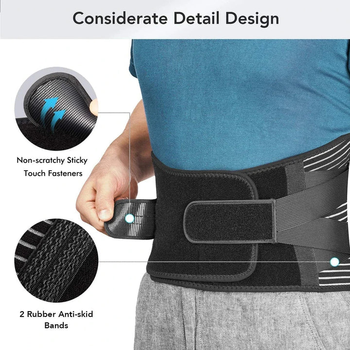 Adjustable waist support belt for lower back pain relief, posture & orthopedic support.