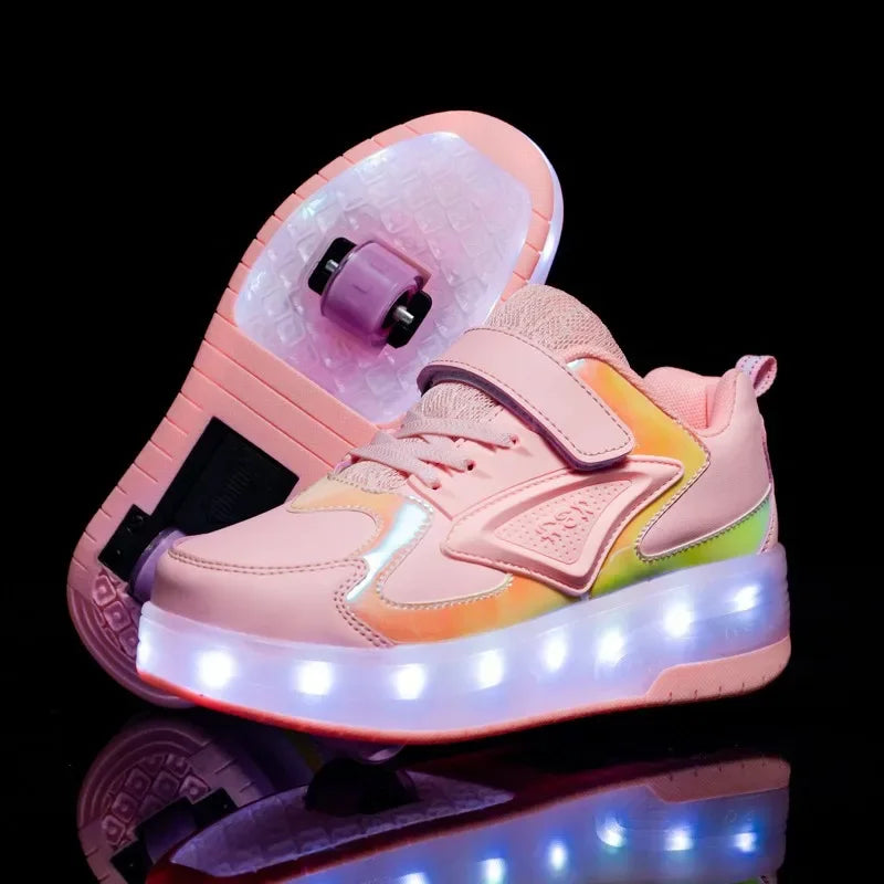 Front view of glowing kids' footwear: light-up roller skates that transform into casual sneakers.