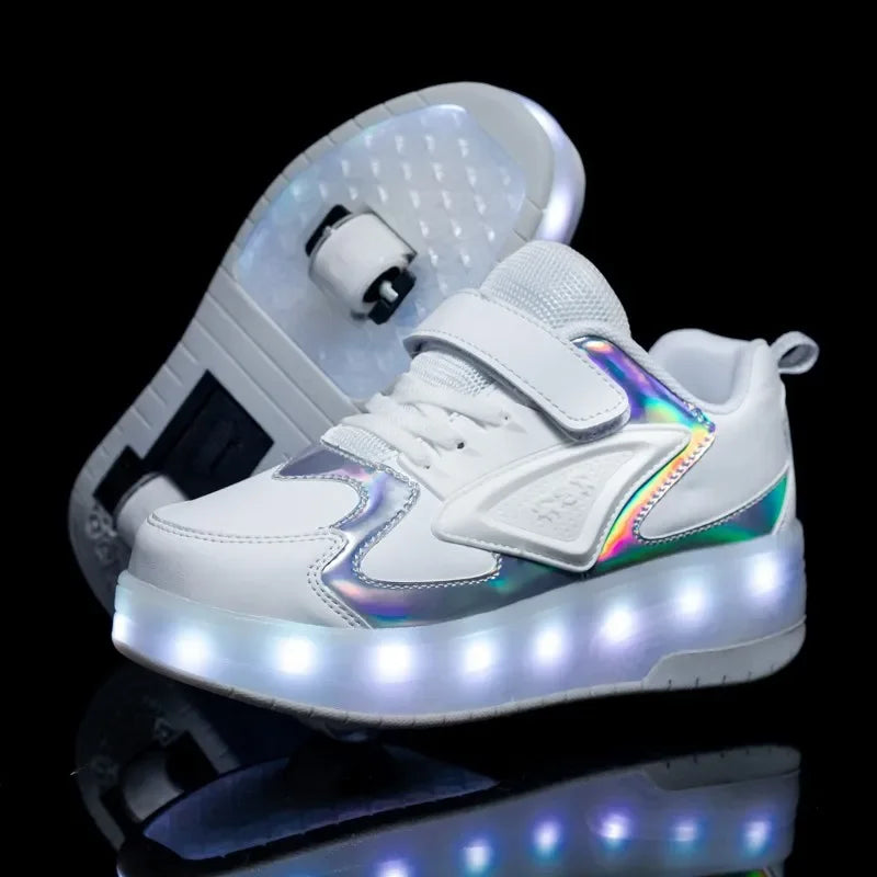 Side profile of children's light-up shoes, showcasing the functionality of removable roller skate wheels.