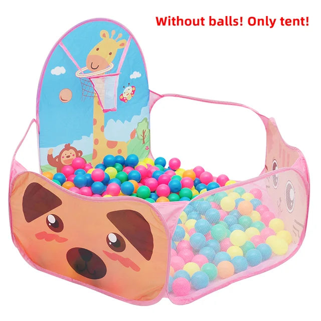 Multi-functional kids' play tent: ball pit, basketball hoop & safe play area for active toddlers.