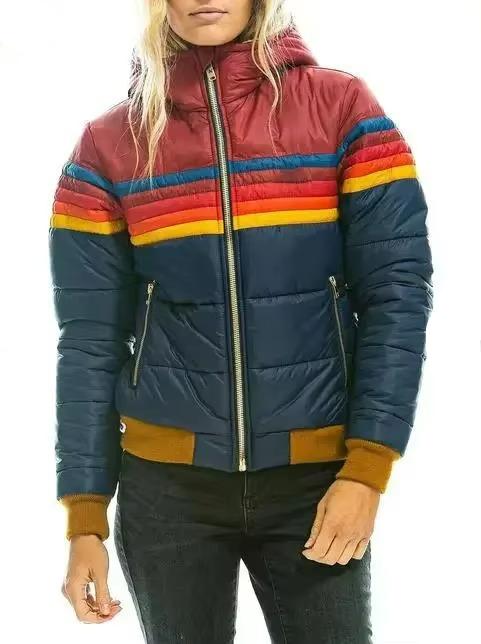 Chic women's retro striped puffer jacket, padded & warm, perfect for fashionable winter outerwear.