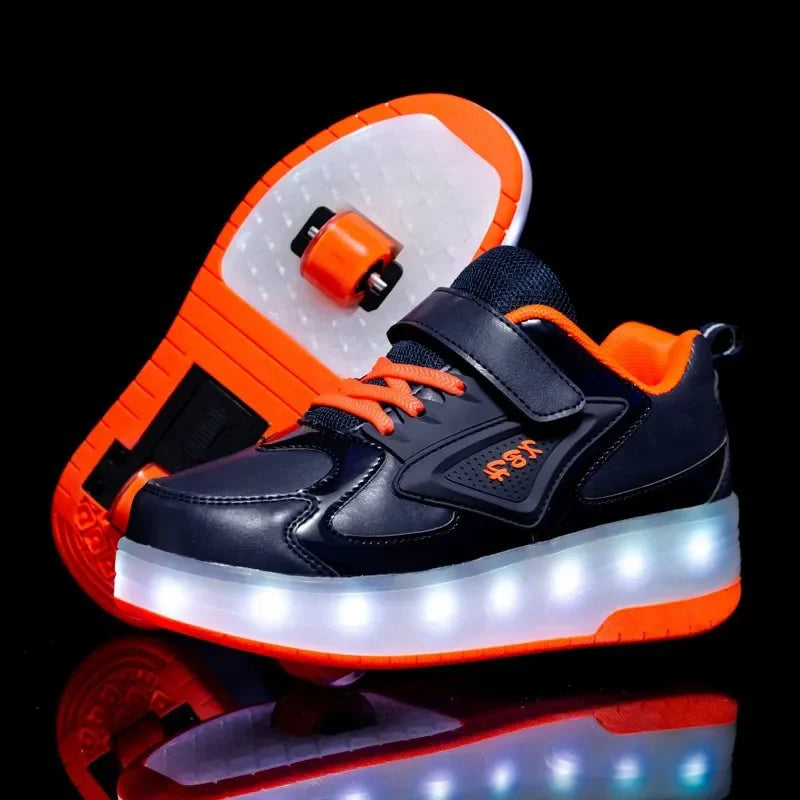 Bright LED roller skates for children, featuring easy-to-remove wheels for a quick transition to sneakers.