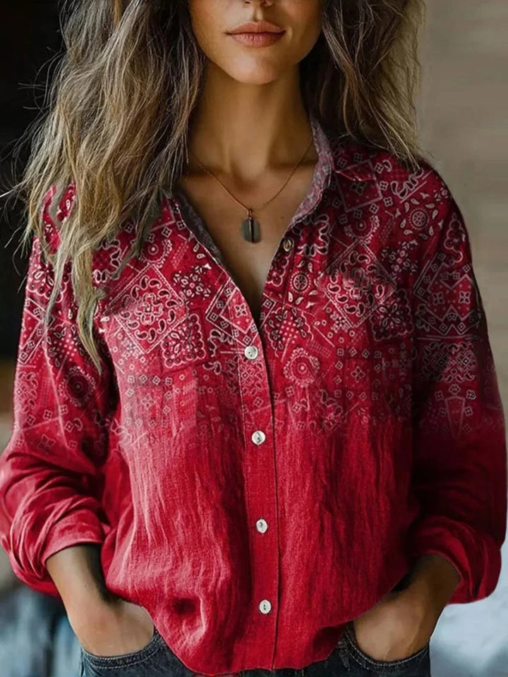Relaxed fit women's boho print long sleeve button-up blouse, a versatile casual top.