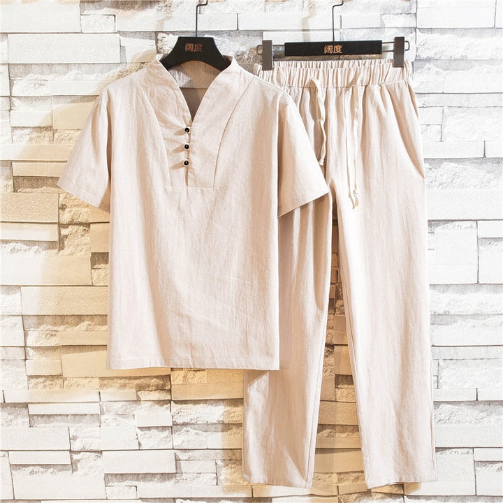 Versatile men's comfortable summer two-piece set, lightweight & breathable shirt & shorts for any casual event.