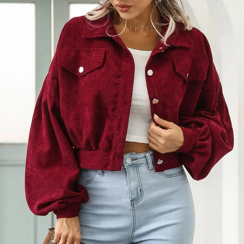 Textured corduroy cropped bomber jacket for women, great casual outerwear for cool seasonal wear.
