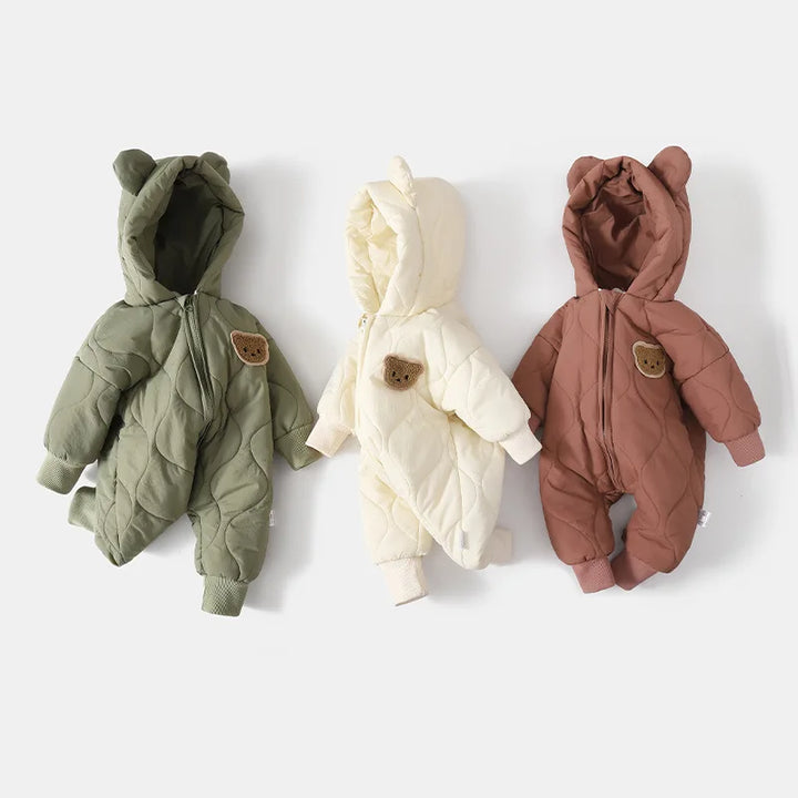 Cozy baby hooded bear snowsuit for winter. Warm infant jumpsuit overall, perfect for outdoor play & winterwear.