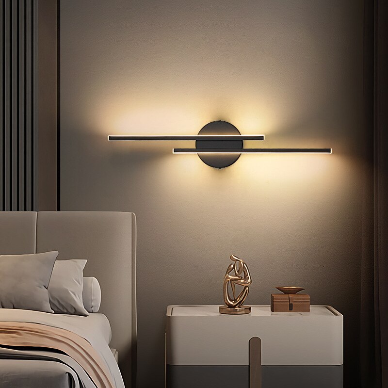 Black modern LED Bar & Disc wall sconce. Dimmable ambient light for sleek indoor spaces.