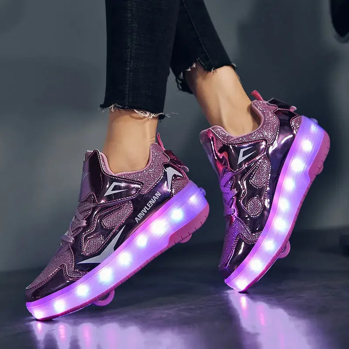 Close-up of glowing children's roller skates showing bright LED lights on the removable wheels.