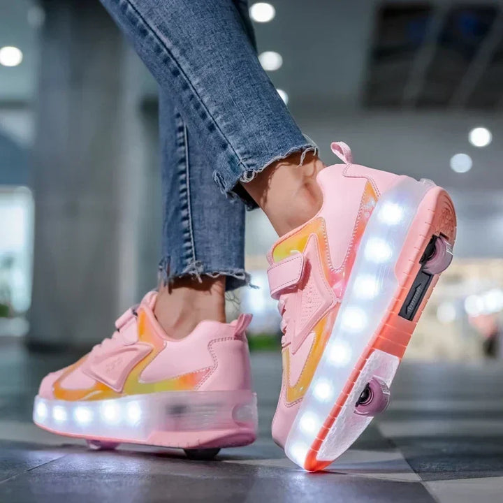 Stylish kids' LED skate shoes, designed with removable wheels to switch between skating and walking.
