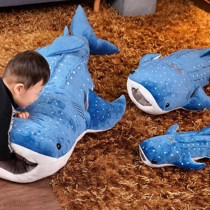 Giant plush whale shark soft toy, ideal for nursery decor or a unique gift for children and teenagers.