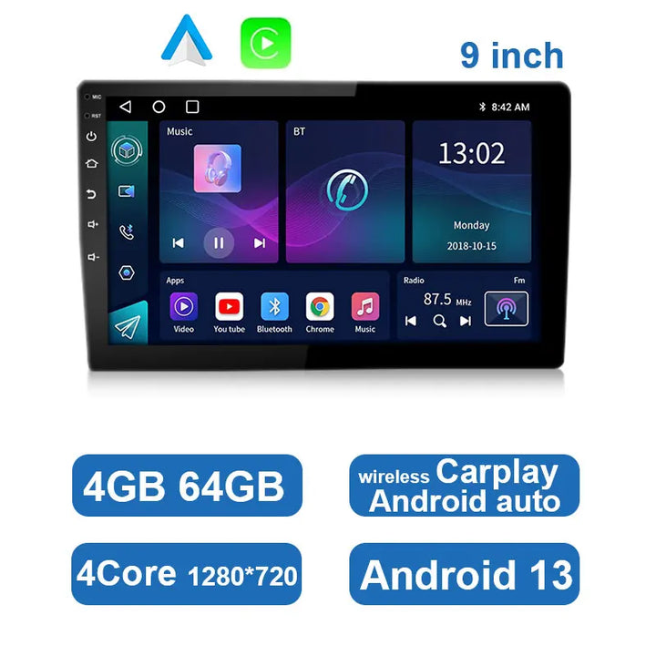 Advanced multimedia universal Android car stereo with touchscreen, GPS, wireless CarPlay & auto upgrade.