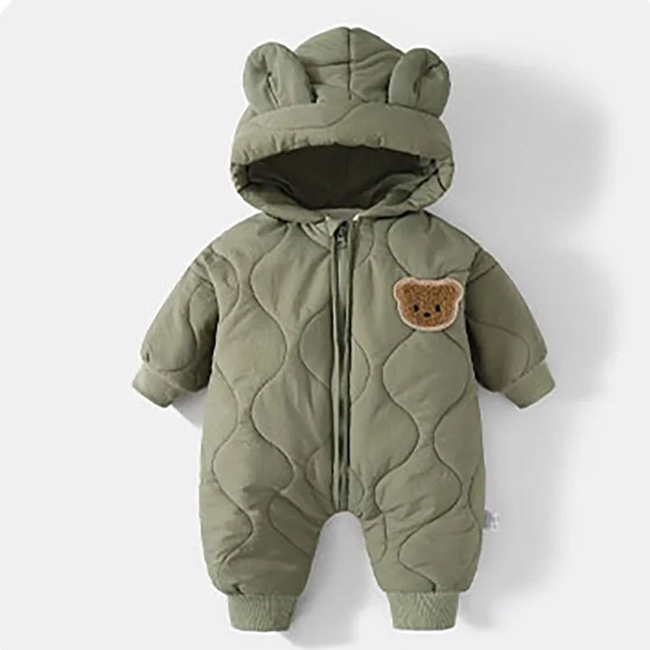 Infant & toddler hooded bear snowsuit. Cozy winter overall jumpsuit, perfect for warmth during outdoor play.