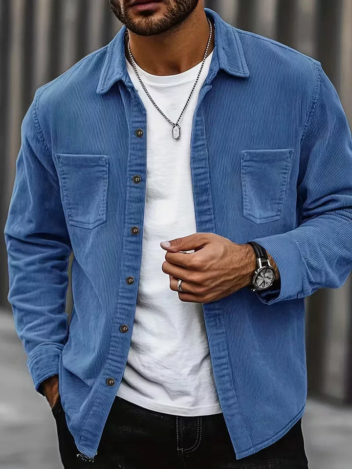 Men's versatile long sleeve shacket. Button-down casual jacket for fashionable layering outerwear.