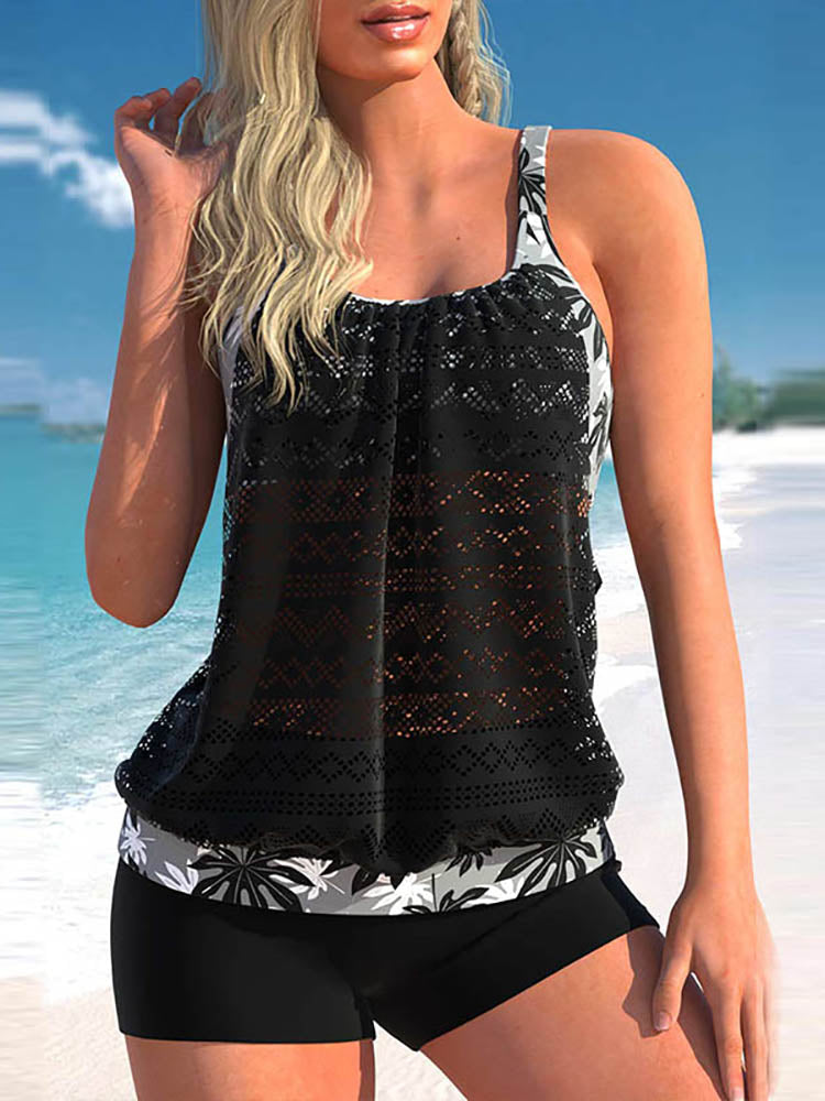 Women's elegant black tankini swimsuit set, flattering two-piece beachwear for summer vacation.