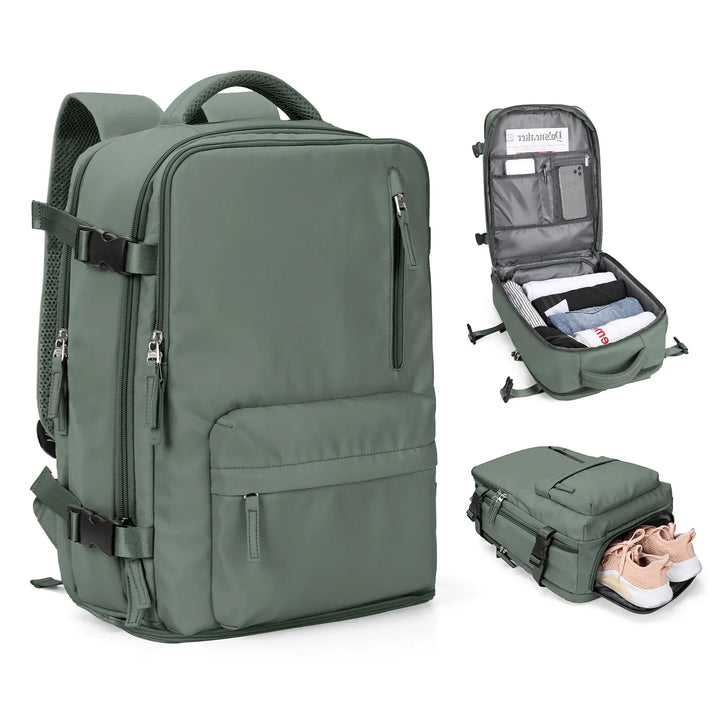 Versatile unisex carry-on backpack with shoe & wet bag for efficient travel. Great flight bag for organized trips.