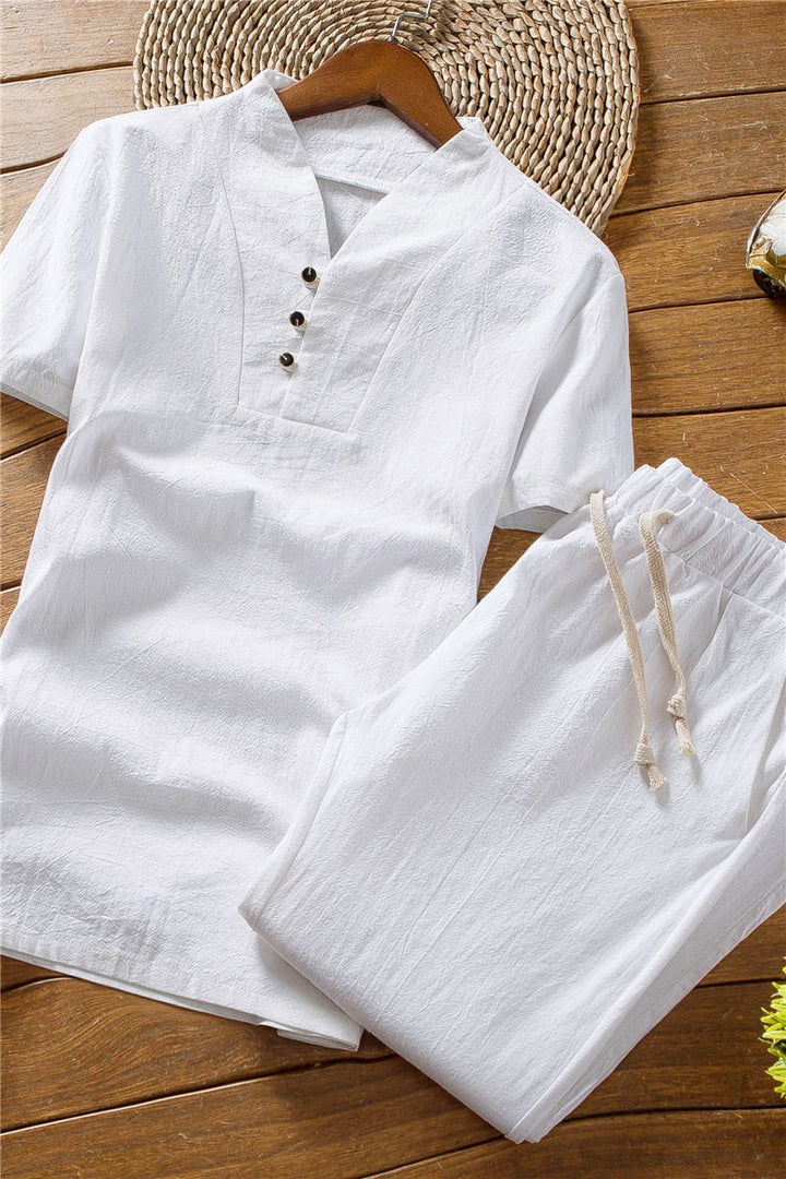 Lightweight & breathable men's summer shirt & shorts matching set, designed for ultimate comfort on vacation.