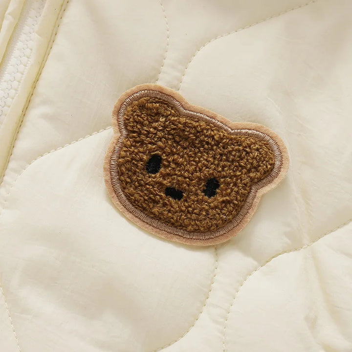 Cute baby hooded bear snowsuit. Practical & warm winter overall infant jumpsuit for chilly outdoor adventures.