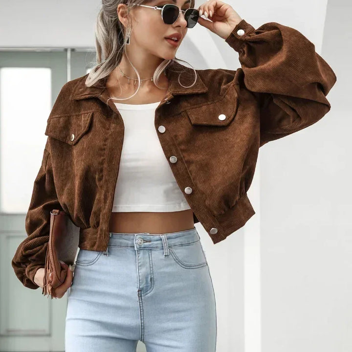 Women's cropped corduroy bomber jacket, perfect for casual fall fashion.