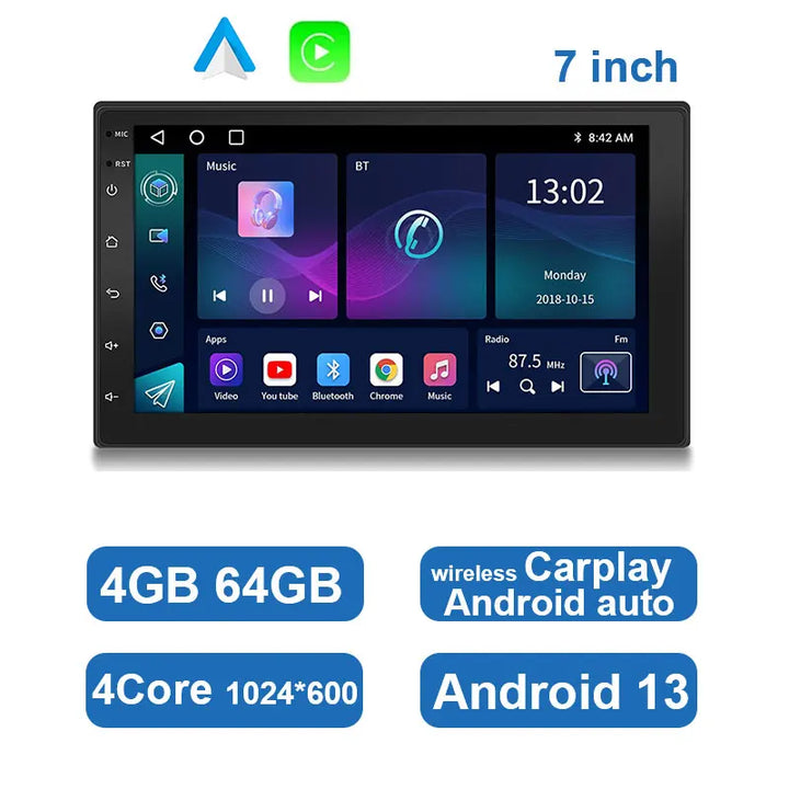 Universal Android in-dash car stereo: HD touchscreen, GPS, wireless CarPlay/Android Auto, multimedia tech.