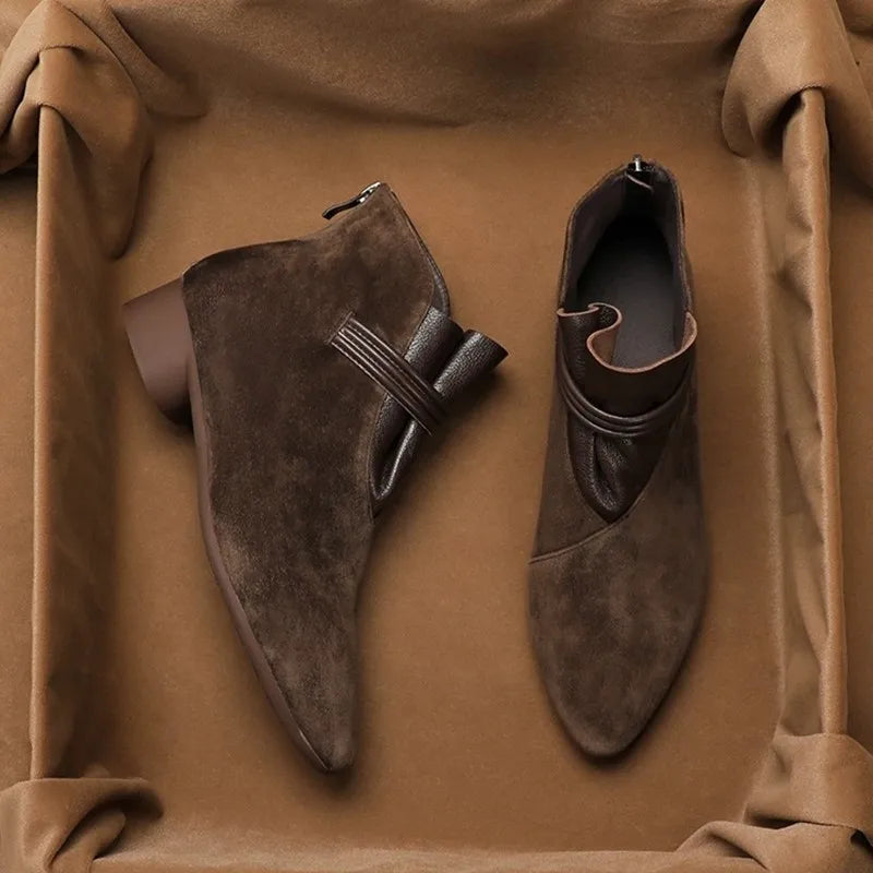 Grey women's everyday ankle booties, comfortable low heel footwear with a convenient side zip.