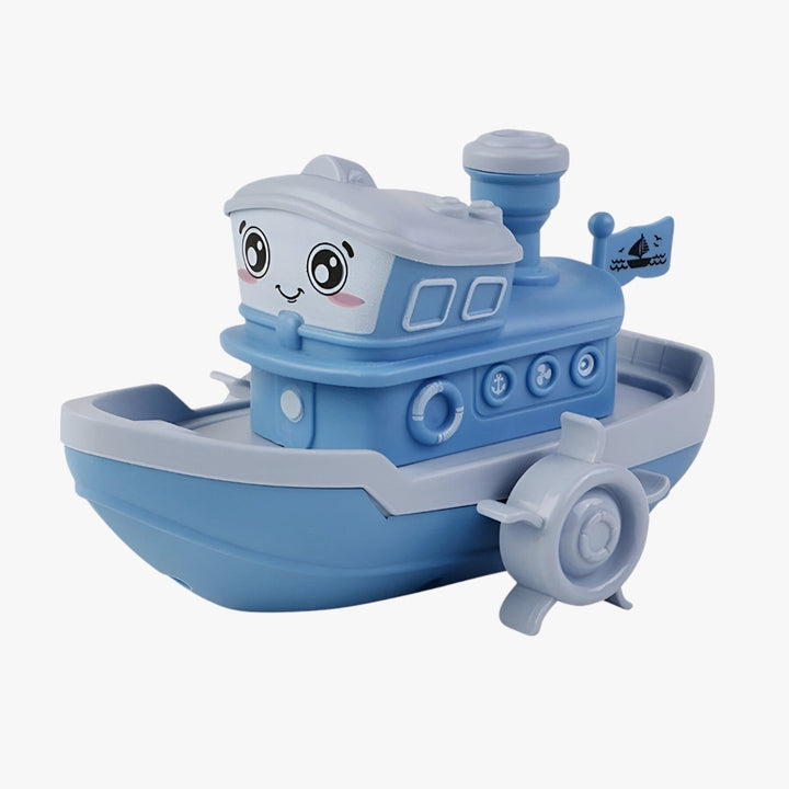 Colorful wind-up bath boat, a fun children's toy for exciting water play in the tub or pool.