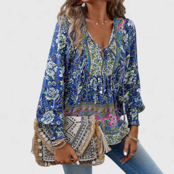 Bohemian women's long sleeve print blouse, V-neck flowy tunic. Perfect for spring & summer casual style.