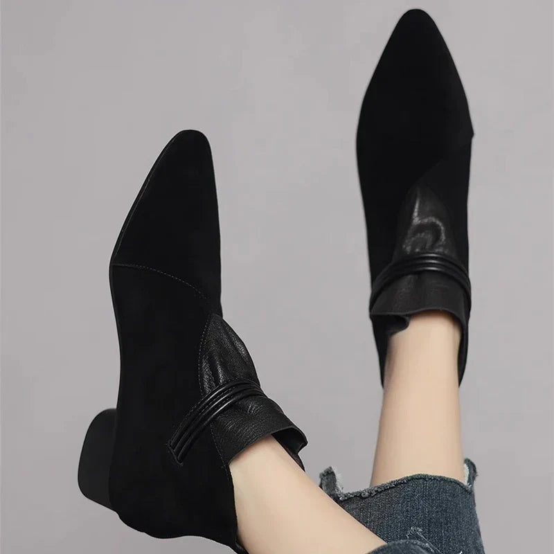 Versatile grey women's low heel ankle boots, comfortable for everyday casual fall & winter wear.