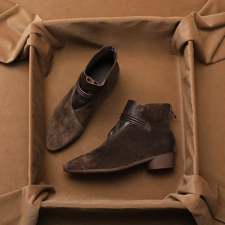 Women's grey low heel ankle boots, comfortable and casual, great for fall & winter footwear.